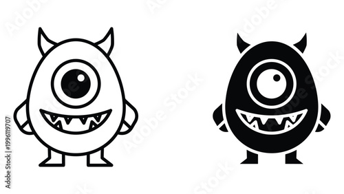 A black and white illustration of two cute monsters with one eye and horns on a plain background