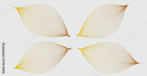 A set of four elegant golden leaf-like shapes arranged symmetrically. Each leaf is composed of fine, curved lines creating a delicate vein pattern.
