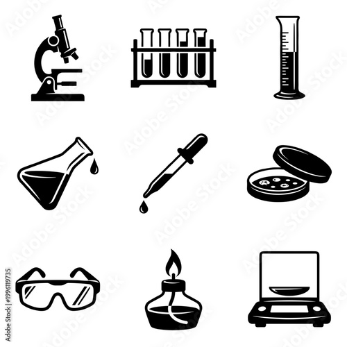 Scientific Laboratory Equipment Icon Set with Microscope, Test Tubes, Graduated Cylinder, Beaker, Pipette, Petri Dish, Safety Goggles and Bunsen Burner