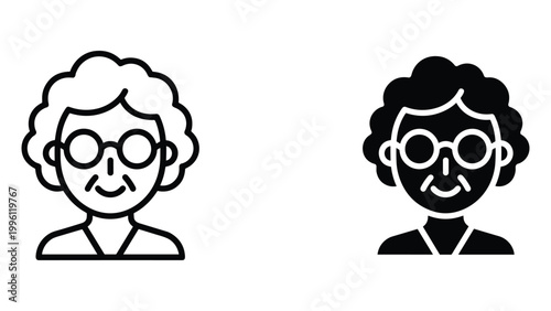 A simple black and white illustration of two smiling senior women with glasses