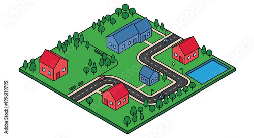 Isometric illustration of a colorful suburban neighborhood with houses and roads
