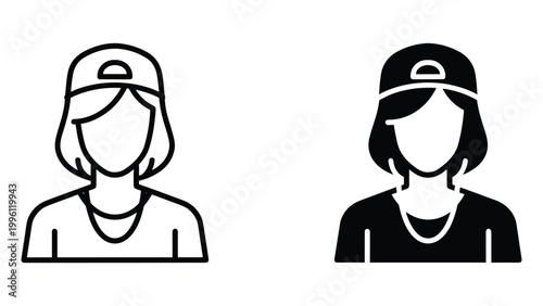 A minimalist illustration of two people wearing baseball caps in black and white