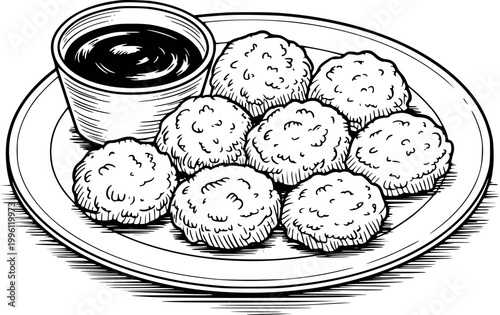 Black and white of chicken nuggets with dipping sauce a plate