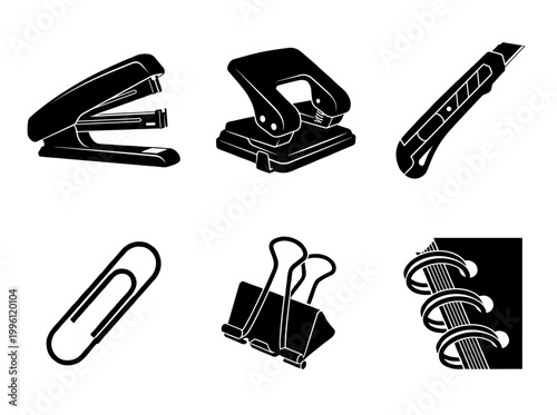 Professional Black and White Stationery Equipment Icons Including Stapler, Hole Punch, Utility Knife, Paper Clip, Binder Clip and Spiral Notebook