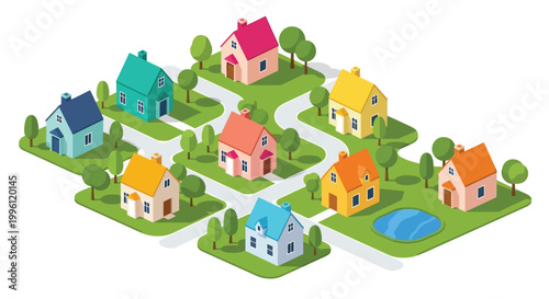 Colorful isometric illustration of a quaint suburban neighborhood with houses