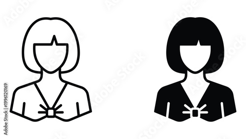 A simple black and white illustration of two women with short hair