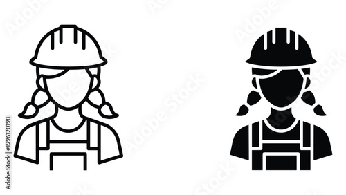 Two female construction workers wearing hard hats and overalls in black and white