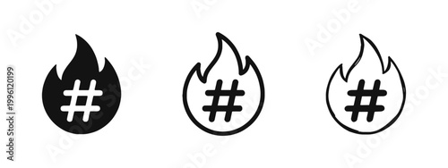 Trending hashtag icon set, viral social media tag with fire flame, solid, outline and hand-drawn sketch styles