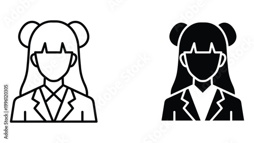 A minimalist illustration of two businesswomen with buns and suits in black and white
