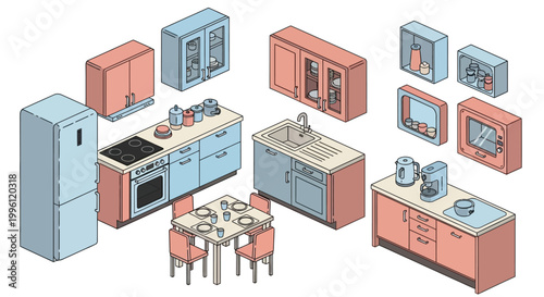 Isometric illustration of a modular kitchen setup with appliances and furniture