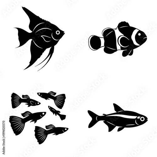 Aquarium Fish Silhouettes Collection Including Angelfish, Clownfish, Guppy and Neon Tetra Isolated on White Background for Aquatic Pet Shop Design