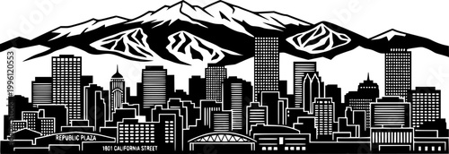 Denver Colorado skyline with Rocky Mountains and ski slopes, vector illustration showcasing urban cityscape,
