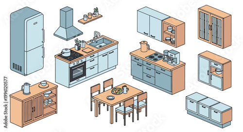 Isometric kitchen furniture set with appliances and dining arrangement