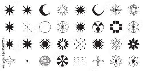 Collection of Black Celestial and Geometric Star Symbols