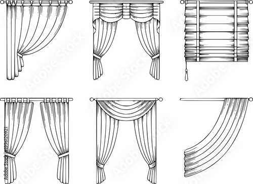 Collection of hand-drawn window curtain and blind styles white background curtains