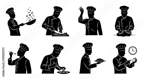 Chef Silhouette Icons Set with Professional Cooks Cooking Sautéing Slicing Kneading Tasting Serving and Timing Food in Restaurant Kitchen Vector Illustration