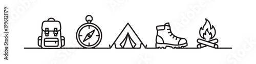 Vector icons of outdoor hiking equipment in a clean bold outline style: a campfire with logs, a trekking boot, a compass, a dome tent, and a travel backpack.