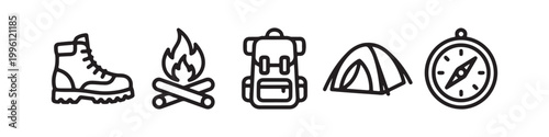 Vector icons of outdoor hiking equipment in a clean bold outline style: a campfire with logs, a trekking boot, a compass, a dome tent, and a travel backpack.