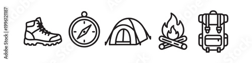 Vector icons of outdoor hiking equipment in a clean bold outline style: a campfire with logs, a trekking boot, a compass, a dome tent, and a travel backpack.