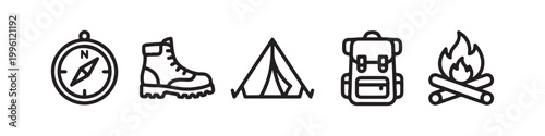 Vector icons of outdoor hiking equipment in a clean bold outline style: a campfire with logs, a trekking boot, a compass, a dome tent, and a travel backpack.