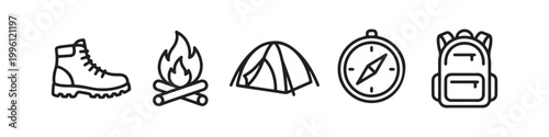 Vector icons of outdoor hiking equipment in a clean bold outline style: a campfire with logs, a trekking boot, a compass, a dome tent, and a travel backpack.