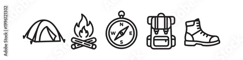 Vector icons of outdoor hiking equipment in a clean bold outline style: a campfire with logs, a trekking boot, a compass, a dome tent, and a travel backpack.