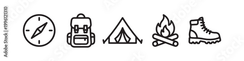 Vector icons of outdoor hiking equipment in a clean bold outline style: a campfire with logs, a trekking boot, a compass, a dome tent, and a travel backpack.