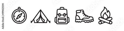 Vector icons of outdoor hiking equipment in a clean bold outline style: a campfire with logs, a trekking boot, a compass, a dome tent, and a travel backpack.