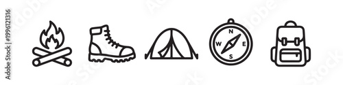 Vector icons of outdoor hiking equipment in a clean bold outline style: a campfire with logs, a trekking boot, a compass, a dome tent, and a travel backpack.