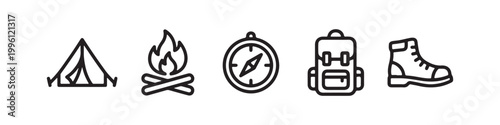 Vector icons of outdoor hiking equipment in a clean bold outline style: a campfire with logs, a trekking boot, a compass, a dome tent, and a travel backpack.