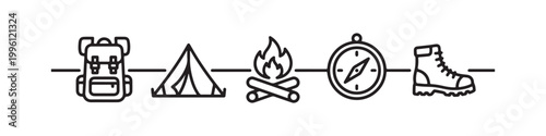 Vector icons of outdoor hiking equipment in a clean bold outline style: a campfire with logs, a trekking boot, a compass, a dome tent, and a travel backpack.