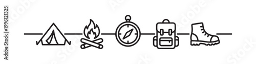 Vector icons of outdoor hiking equipment in a clean bold outline style: a campfire with logs, a trekking boot, a compass, a dome tent, and a travel backpack.