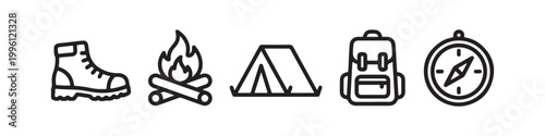 Vector icons of outdoor hiking equipment in a clean bold outline style: a campfire with logs, a trekking boot, a compass, a dome tent, and a travel backpack.