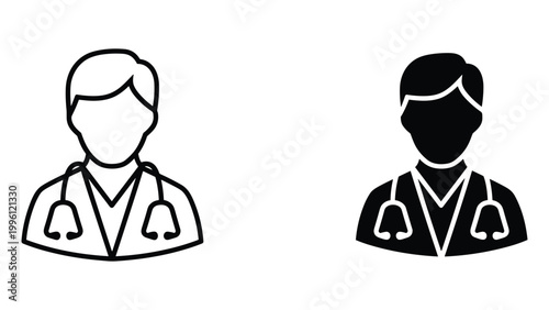 A medical professional icon set featuring a doctor with a stethoscope in both line and solid styles