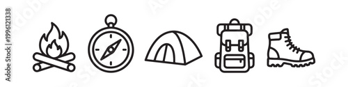 Vector icons of outdoor hiking equipment in a clean bold outline style: a campfire with logs, a trekking boot, a compass, a dome tent, and a travel backpack.