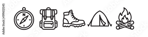 Vector icons of outdoor hiking equipment in a clean bold outline style: a campfire with logs, a trekking boot, a compass, a dome tent, and a travel backpack.