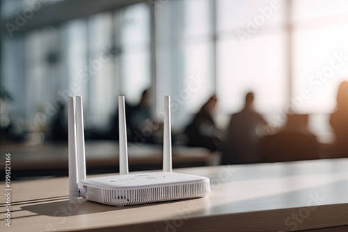 Modern Wi-Fi Router with Antennas on a Table in a Blurred Office Background.