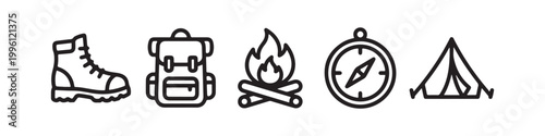 Vector icons of outdoor hiking equipment in a clean bold outline style: a campfire with logs, a trekking boot, a compass, a dome tent, and a travel backpack.