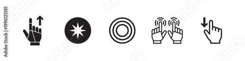 Vector icons of touch screen gestures including scrolling, tapping, clicking, and swiping in clean line and solid silhouette styles. Ideal for UI/UX mobile app guides.