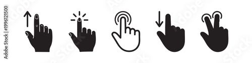 Vector icons of touch screen gestures including scrolling, tapping, clicking, and swiping in clean line and solid silhouette styles. Ideal for UI/UX mobile app guides.