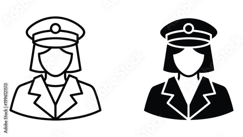 Two simple line art illustrations of women wearing captain hats and face masks