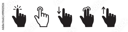 Vector icons of touch screen gestures including scrolling, tapping, clicking, and swiping in clean line and solid silhouette styles. Ideal for UI/UX mobile app guides.