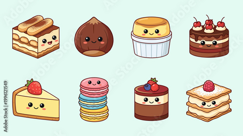 Delicious Dessert Characters Set with Kawaii Tiramisu Cheesecake Macarons Soufflé and Chocolate Cake Icons for Pastry Shop and Bakery Branding Vector