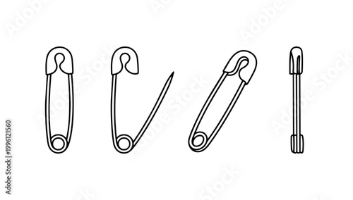 Metal Safety Pin Fastener Tool Collection Showing Open Closed and Side View Angles in Doodle Line Art