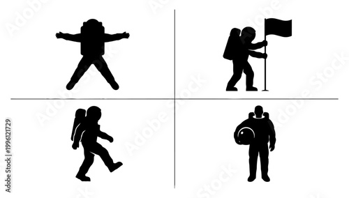 Space Exploration Astronaut Silhouette Sequence Displaying Moon Walking Floating and Planting Flag for Science Astronomy Design