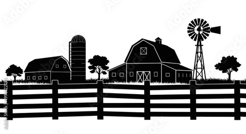 Black and white farm silhouette scene.