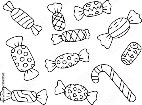 Cuadro en lienzo Hand-drawn black and white candies and candy cane pattern, simple line sweet swe