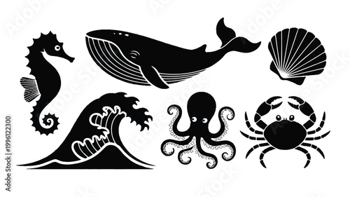A black and white illustration of ocean creatures and wave