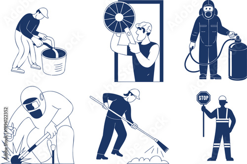 Six workers performing various tasks, including welding, sweeping, and safety signaling