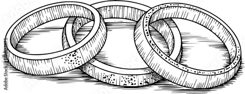 Hand-drawn black and white onion rings intertwined white background, food ingredient